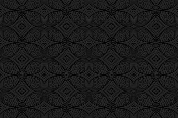 3D volumetric convex embossed geometric black background. Vintage pattern, texture in arabesque style. Ethnic art abstract oriental, asian, indonesian, mexican ornaments.