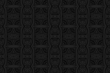 3D volumetric convex embossed geometric black background. Vintage pattern, texture in arabesque style. Ethnic artistic exotic oriental, Asian, Indonesian, Mexican ornaments.