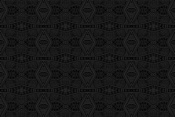 3D volumetric convex embossed geometric black background. Vintage pattern, texture in arabesque style. Ethnic artistic decorative oriental, Asian, Indonesian, Mexican ornaments.