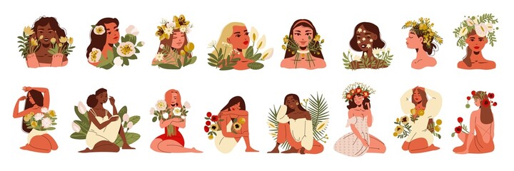 Beautiful Woman Flowers Set
