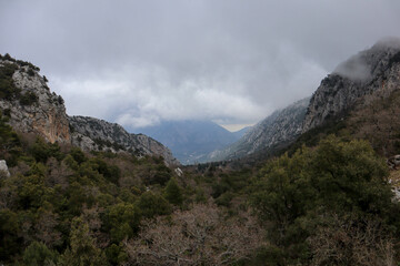 view to the valley in the Turkey mountains with ancient abandoned city Termessos