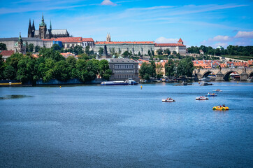Charles Bridge (a.k.a. Stone Bridge, Kamenny most, Prague Bridge, Prazhski most) over Vltava river in Prague, Czech Republic.
