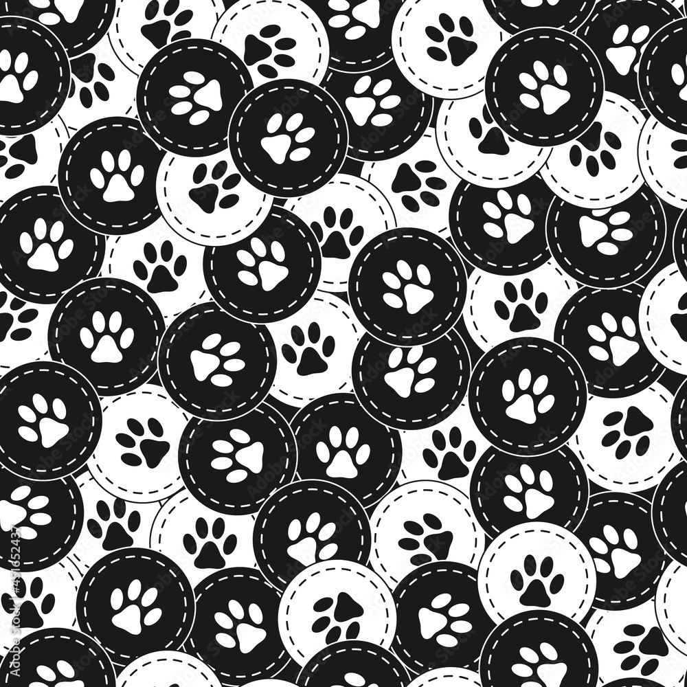 Poster seamless pattern background with footprints of home pet in chaotic overlapping circles. good for dec