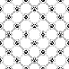 Seamless pattern background with footprints of home pet in circles, square diagonal grid with dotted line. Black and white. Vector.