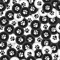 Seamless pattern background with footprints of home pet in chaotic overlapping circles. Good for decoration of wrap, goods for pets. Black and white. Vector.