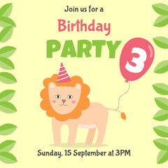Birthday invitation card with cute lion and pink balloon. Three year birthday party.