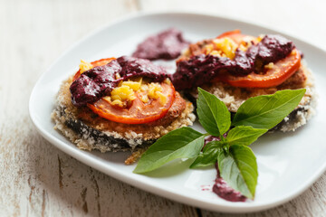 Breaded Eggplant Stacks with Amaranth Pesto