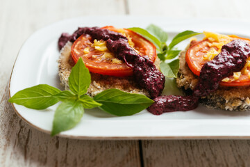 Breaded Eggplant Stacks with Amaranth Pesto