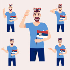 A beautiful man with the Serbian flag. A set of fan emotions. Vector illustration on cartoon style.