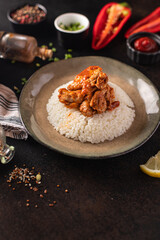 rice with meat spices curry chicken tomato sauce Indian cuisine meal snack on the table copy space food background rustic. top view