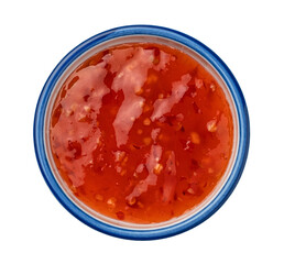 Sweet and sour sauce isolated on white background, top view