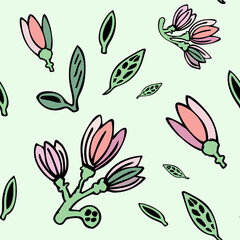 Green seamless pattern with silhouette of a pink blooming flowers and green leaves. Design for wallpaper, wrapping, fabric, textile.