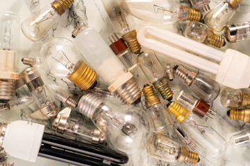 A variety of lighting bulb. Retro incandescent, halogen and mercury