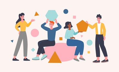 People organize abstract form. Unusual shapes of objects. Young boys and girls working together on project. Team work to decorate premises. Flat cartoon vector illustration on pink background