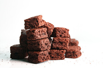 Extream close up shot of stack homemade chocolate brownies cracker, Pieces of fresh brownie on...