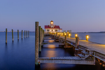 The Beautiful Roanoke Marsh Lighthouse located on the Outer Banks of North Carolina at sunset
