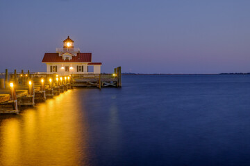 Blue hour at sunset over the Roanoke Marsh Lighthouse in Manteo North Carolina
