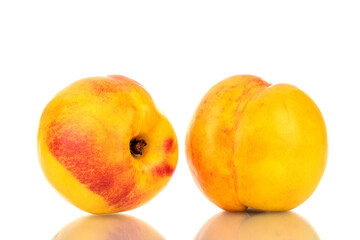 Two juicy ripe nectarines, close-up, isolated on white.
