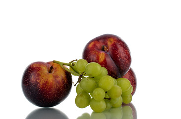 Three juicy ripe plums, a bunch of grapes, close-up, isolated on white.