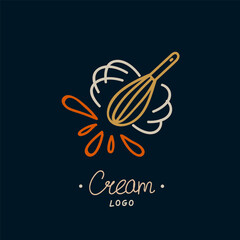 Logo template with baking ingredients. Illustration with a whisk and spray. A beautiful doodle icon for a bakery or pastry shop. Vector illustration