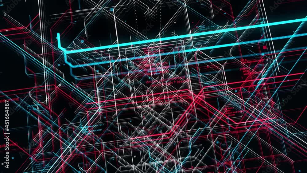 Poster technological high tech background of a complex tunnel made by colorful narrow lines. animation. flo