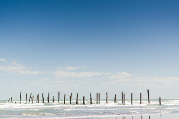 Naklejka premium old pier poles on the beach