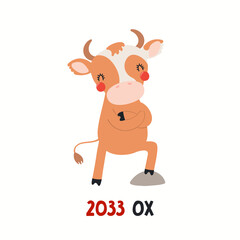 Cute cartoon ox, Asian zodiac sign, astrological symbol, isolated on white. Hand drawn vector illustration. Flat style design. 2033 Chinese New Year card, banner, poster, horoscope element.