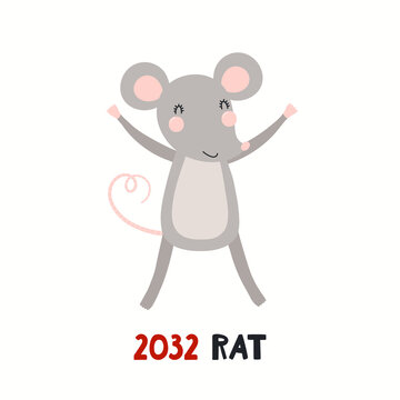 Cute cartoon rat, Asian zodiac sign, astrological symbol, isolated on white. Hand drawn vector illustration. Flat style design. 2032 Chinese New Year card, banner, poster, horoscope element.