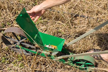 Sowing mustard on green manure. Manual seeder close up. Loading seeds to seeder.