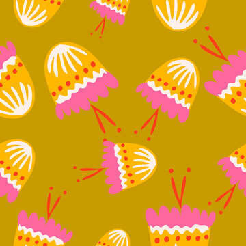 Yellow folk flower vector seamless pattern