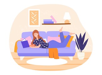 Fototapeta premium Woman reading at home. Lies on couch with book in his hands. Enjoys an interesting story on sofa. Learning useful information at home. Flat cartoon vector illustration isolated on white background