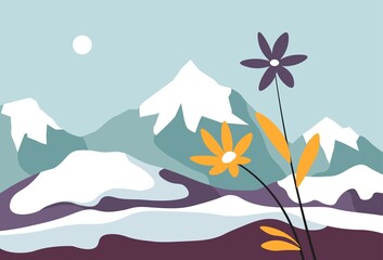 Mountains covered with snow and blooming flower
