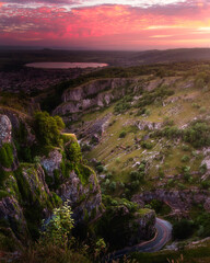 Colourful sky over cheddar gorge at sunset.
