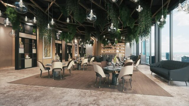 Plants on the ceiling. Restaurant with empty tables. 3d visualization
