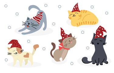 Set of cats. Drawn kittens in New Year hats. Stickers, posters, icons and graphics for websites and pages with pets. Animals in winter. Cartoon flat vector illustration isolated on white background