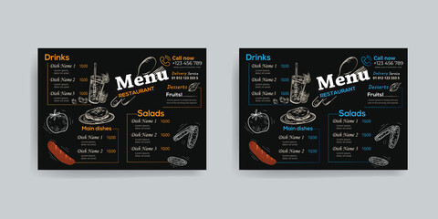 Restaurant food menu design, food cooking vintage template, doodle breakfast and diner cafe flyer. Vector menu card poster vintage design template