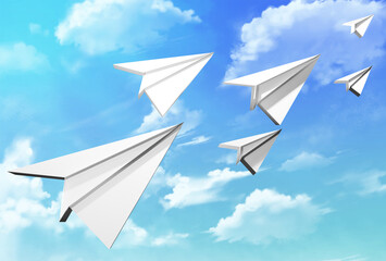3d paper airplanes flying with clear sky on the background illustration