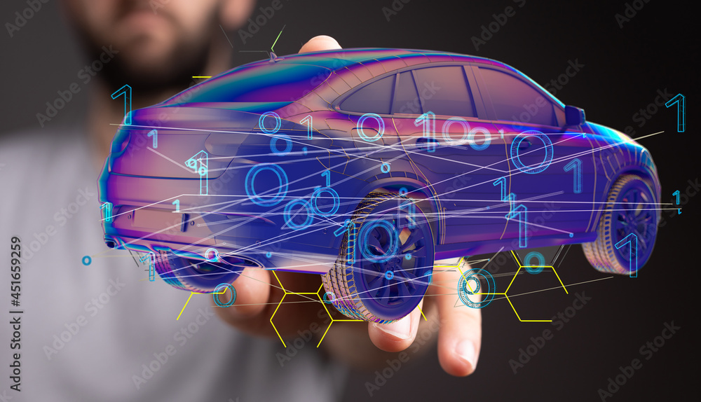 Poster electric car icon from lines, triangles and particle style