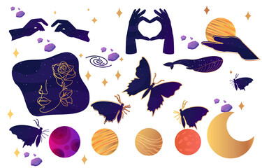 Collection of Mystical. Set of objects for astrology. Things for witchcraft and magic. Human hands in dark witch gloves. Picture for girls. Flat vector illustration isolated on white background