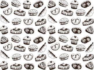 Hand drawn vector confectionery seamless pattern. Croissant, donut, bun, bagel, cupcake, cake, muffin. Transparent background. Template print for signboards, packaging, labels. 