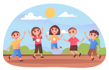 Kids jump up. Group of children are happy to walk on fresh air. Teenagers laugh and play together after class. Beautiful summer day. Cartoon flat vector illustration isolated on white background