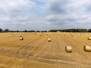 Obraz premium Strahballen auf einem abgeernteten Getreidefeld, Drohnenfoto