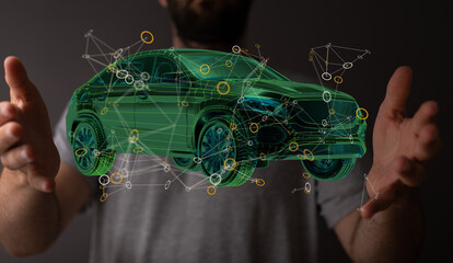 Electric car icon from lines, triangles and particle style