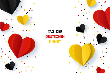 German Unity day - Tag der Deutschen Einheit. October 3rd. Background with Germany flags in heart shape and confetti. Vector template for banner, typography poster, flyer, greeting card.
