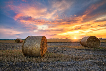 Beautiful summer sunrise over fields with hay bales © Piotr Krzeslak