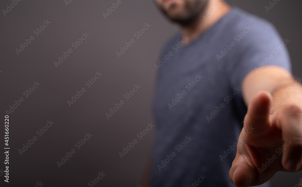 Poster businessman pointing or touching finger in screen..