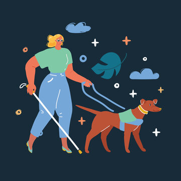 Vector illustration of blind person. Disabled woman with guide dogs over dark backround.