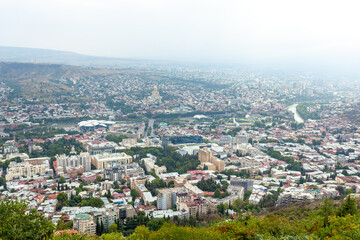 Fototapeta na wymiar Panoramic view of Tbilisi with Sameba, Trinity Church and other landmarks
