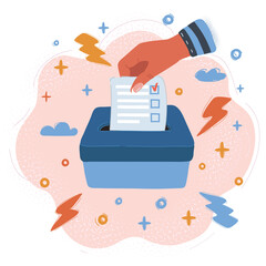 Vector illustration of Hand putting a voting ballot in a slot of box.