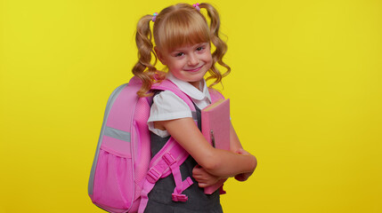 Cheerful happy teenage schoolgirl kid with books dressed in uniform wears pink backpack smiling, looking at camera isolated on yellow studio background. Teenage child education, back to school, study